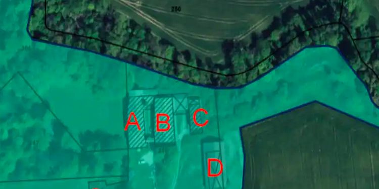 Aerial view of the Domaine des Chabriers and its grounds, with the letters of the four buildings