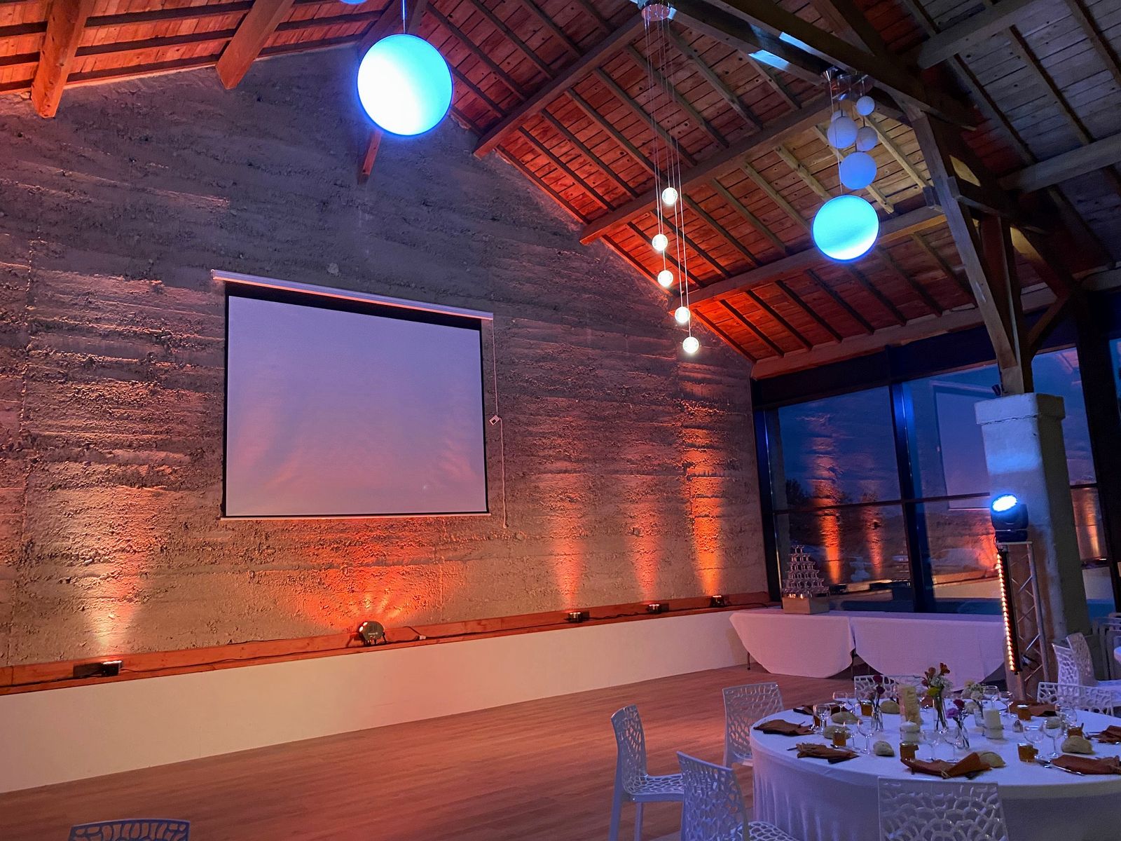 The hall set up, screen at the far end